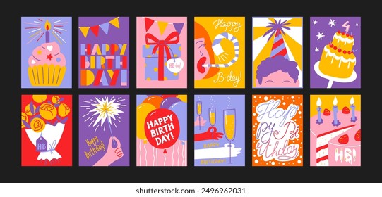 Happy Birthday cards in cartoon retro 90s style. Minimalist cards. Celebration congratulations posters with cakes and sweets. Vector bright template for party, event.