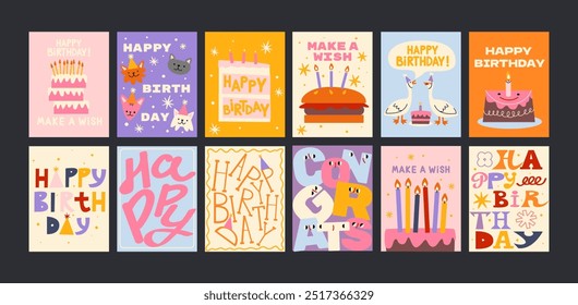 Happy Birthday cards in cartoon retro 90s style. Minimalist cards. Celebration congratulations posters with cakes and sweets. Vector bright template for party, event.