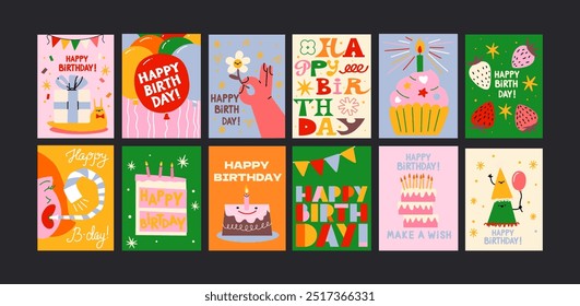 Happy Birthday cards in cartoon retro 90s style. Minimalist cards. Celebration congratulations posters with cakes and sweets. Vector bright template for party, event.