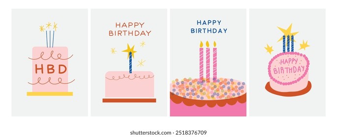 Happy Birthday cards in cartoon retro 90s style. Minimalist cards. Celebration congratulations posters with cakes and sweets. Vector bright template for party, event