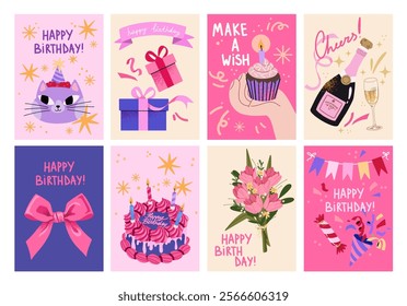 Happy Birthday cards in cartoon retro style. Birthday party vector posters with cakes, animals, candles, confetti. Bright template for party, event,  greeting card, invitation, poster, sticker, prints