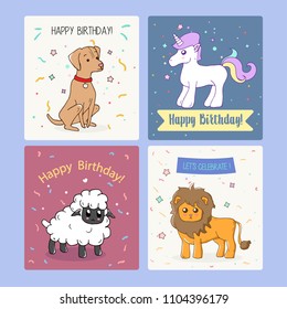 Happy birthday cards collection with cute illustrations
