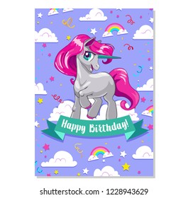 Happy birthday cards collection with cute unicorn illustrations
