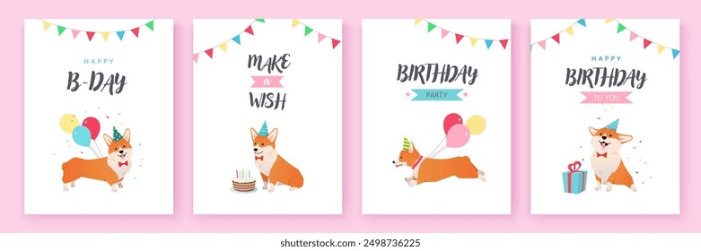 Happy Birthday cards collection with cute Corgi dog wearing festive cap. Celebration party with bunting flags, gift, cake and balloons. Cartoon vector illustration