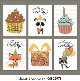 Happy Birthday. Cards for birthday with cute animals,  desserts, gift box  and calligraphy. Children's birthday party. Cute birthday. Raccoon, fox and panda. 
 Cute vector birthday cards