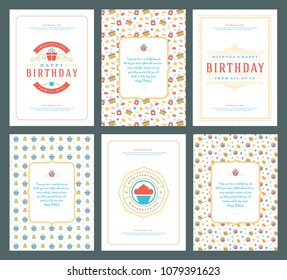 Happy Birthday cards design set vector illustration. Typographic birthday badge or label with wish message.