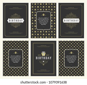Happy Birthday cards design set vector illustration. Typographic birthday badge or label with wish message.