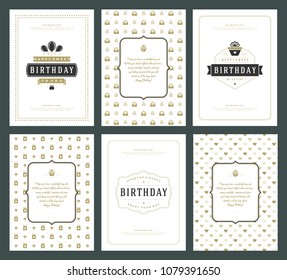 Happy Birthday cards design set vector illustration. Typographic birthday badge or label with wish message.
