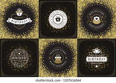 Happy Birthday cards design set vector illustration. Typographic birthday badge or label templates.