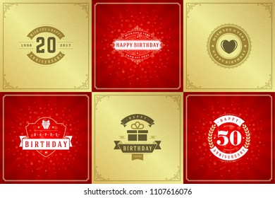Happy Birthday cards design set vector illustration. Typographic birthday badge or label templates.