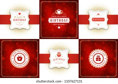 Happy Birthday cards design set vector illustration. Typographic birthday badge or label templates.