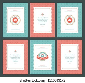 Happy Birthday cards design set vector illustration. Typographic birthday badge or label with wish message.