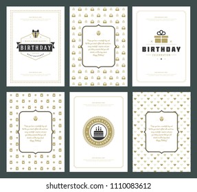 Happy Birthday cards design set vector illustration. Typographic birthday badge or label with wish message.