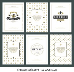 Happy Birthday cards design set vector illustration. Typographic birthday badge or label with wish message.