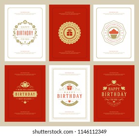 Happy Birthday cards design set vector illustration. Typographic birthday badge or label with wish message.