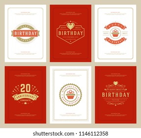 Happy Birthday cards design set vector illustration. Typographic birthday badge or label with wish message.