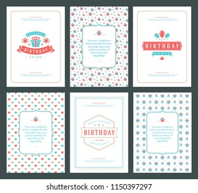 Happy Birthday cards design set vector illustration. Typographic birthday badge or label with wish message.