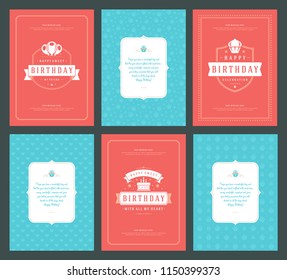 Happy Birthday cards design set vector illustration. Typographic birthday badge or label with wish message.