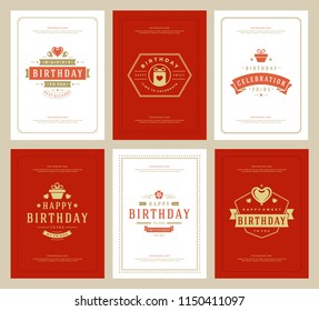 Happy Birthday cards design set vector illustration. Typographic birthday badge or label with wish message.