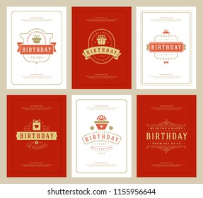 Happy Birthday cards design set vector illustration. Typographic birthday badge or label with wish message.