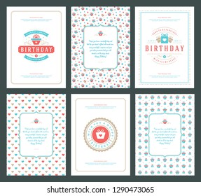 Happy Birthday cards design set vector illustration. Typographic birthday badge or label with wish message.