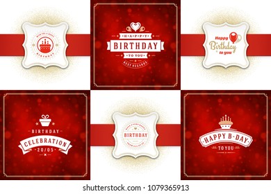 Happy birthday cards design vector templates set. Typographic birthday badges or labels and decoration elements vector illustration. Happy birthday cards design vector templates set. Typographic birthday badges or labels and decoration elements vector illustration.