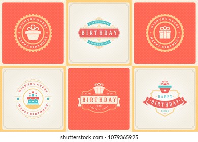 Happy birthday cards design vector templates set. Typographic birthday badges or labels and decoration elements vector illustration.