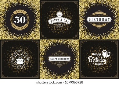 Happy birthday cards design vector templates set. Typographic birthday badges or labels and decoration elements vector illustration.