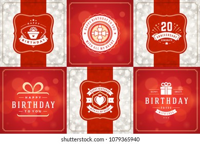 Happy birthday cards design vector templates set. Typographic birthday badges or labels and decoration elements vector illustration.