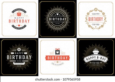 Happy birthday cards design vector templates set. Typographic birthday badges or labels and decoration elements vector illustration.