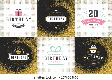 Happy birthday cards design vector templates set. Typographic birthday badges or labels and decoration elements vector illustration.