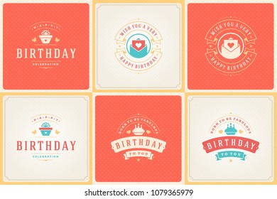 Happy birthday cards design vector templates set. Typographic birthday badges or labels and decoration elements vector illustration.