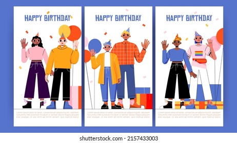 Happy birthday cards with diverse people celebrate together. Vector greeting posters with flat illustration of balloons, gift boxes, elderly woman, african american girl, caucasian man and lgbt person