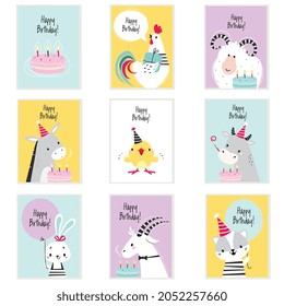 Happy Birthday Cards with Farm Animals with Cake and Gift Box Greeting and Congratulating Vector Set