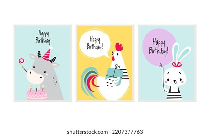 Happy birthday cards with funny animals set. Celebration greeting or invitation card with adorable cow, hen and bunny vector illustration