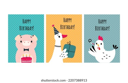 Feliz cumpleaños con animales divertidos. Cerdo, ganso y gallina adorables con caja de regalo e ilustración vectorial del pastel festivo