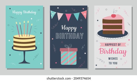 Happy birthday cards. Greeting postcards. A cake with candles, a gift box, a piece of birthday cake. Vector illustration.