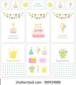 Happy Birthday cards, notes, stickers, tags.  Party Birthday vector background