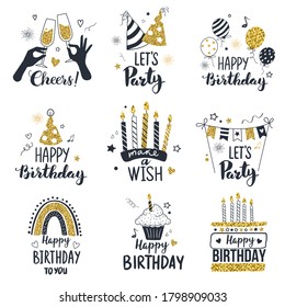 Happy birthday cards and Party invitation set with cupcake, party hats, air balloon and cheers text. Vector illustration, hand drawn style.