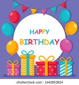 Happy Birthday cards with party template and banner on blue background. vector Illustration.  