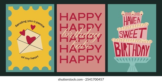 Tarjetas de feliz cumpleaños, carteles en estilo retro de dibujos animados de los años 90. Conjunto de tarjetas de felicitación de cumpleaños con pasteles dibujados a mano