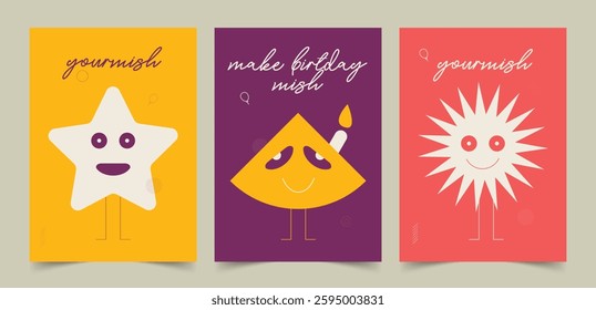 Happy Birthday Cards, Postmodern abstract geometric graphic elements, abstract composition with geometric shapes