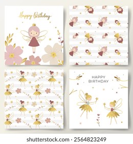 Happy birthday cards and seamless patterns with cute fairies, flowers, golden stars. Gentle childish backgrounds