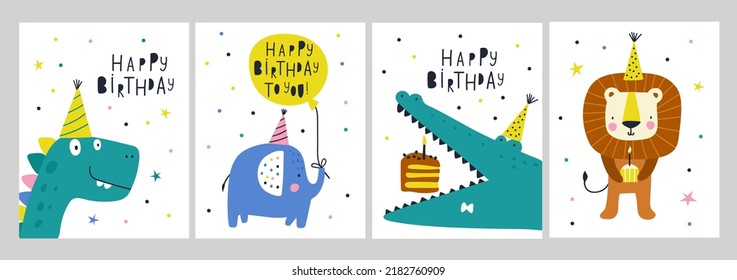 Tarjetas de cumpleaños felices con animales. Ilustraciones vectoriales