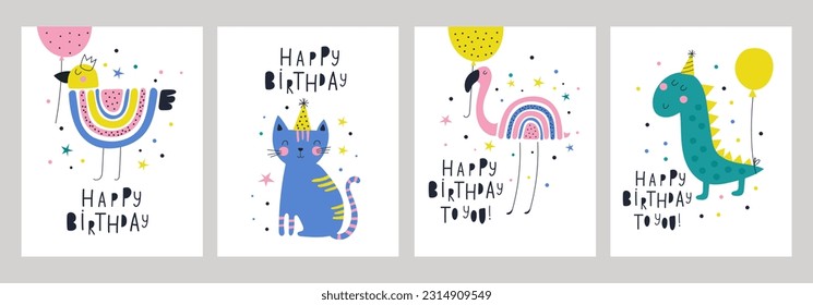 Happy birthday cards set with animals. Vector