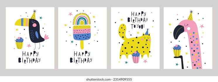 Happy birthday cards set with animals. Vector