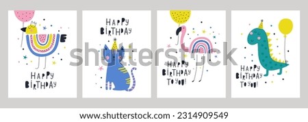 Happy birthday cards set with animals. Vector