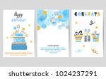 Happy Birthday cards set in blue and golden colors. Celebration vector templates with birthday cake and gifts.