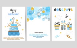 Cartões De Feliz Aniversário Definidos Em Cores Azuis E Douradas. Modelos Vetoriais De Celebração Com Bolo De Aniversário E Presentes.