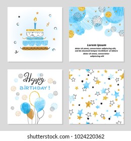 Happy Birthday cards set in blue and golden colors. Celebration vector illustrations with birthday cake, balloons and stars.